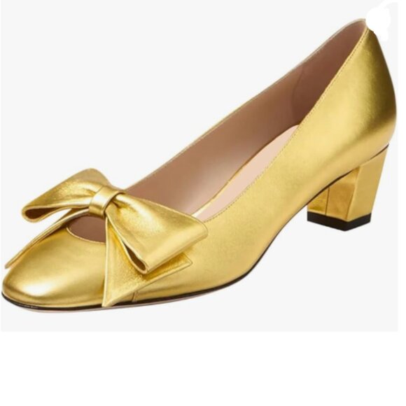 FSJ Gold Cute Bow Chunky Low Heel Pumps Closed Square Toe Slip On Dress Shoes - Picture 1 of 8